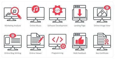 A set of 10 seo icons as marketing analysis, online music, software development vector