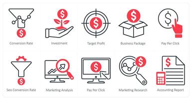 A set of 10 seo icons as conversion rate, investment, target profit vector