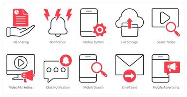A set of 10 seo icons as file sharing, notification, mobile option vector