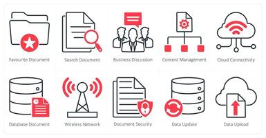 A set of 10 seo icons as favorite document, search document, business discussion vector