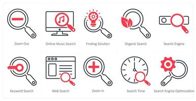 A set of 10 seo icons as zoom out, online music search, finding solution vector
