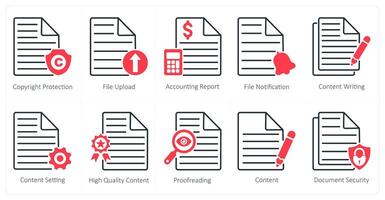 A set of 10 seo icons as copyright protection, file upload, accounting report vector