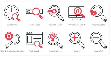 A set of 10 seo icons as search time, search engine, keyword search vector
