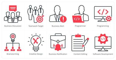 A set of 10 seo icons as business discussion, teamwork target, business alert vector