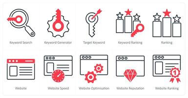 A set of 10 seo icons as keyword search, keyword generator, target keyword vector
