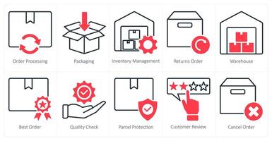 A set of 10 shopping icons as order processing, packaging, inventory management vector