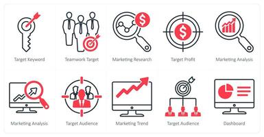 A set of 10 seo icons as target keyword, teamwork target, marketing research vector
