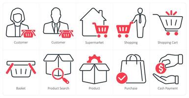 A set of 10 shopping icons as customer, supermarket, shopping vector