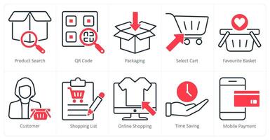 A set of 10 shopping icons as product search, qr code, packaging vector