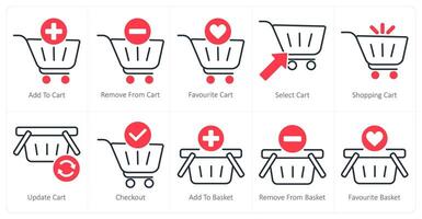 A set of 10 shopping icons as add to cart, remove from cart, favorite cart vector
