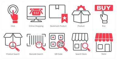 A set of 10 shopping icons as click, onine shopping, bookmark product vector