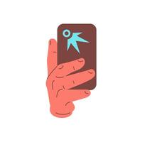 Human hand blogger holding smartphone camera making photo use digital technology icon flat vector