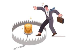 Trap for business man who wants to earn money and steps into mantrap on way to goal vector