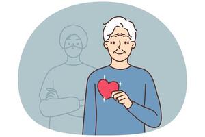 Elderly grandfather with heart in hands feel grateful vector