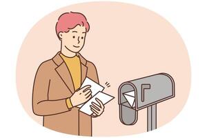 Smiling man put letters in letterbox vector