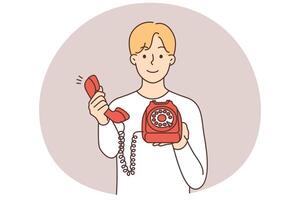 Smiling man with corded phone offer to make call vector