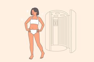 Woman leaves solarium at SPA center, having enjoyed procedure with ultraviolet rays vector