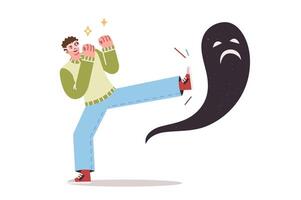 Man fights mental fears and psychological problems or panic attack, by kicking flying ghost vector