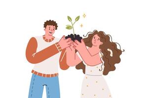 Couple grows tree, holding handful of soil with plant in hands, metaphor caring for relationship vector