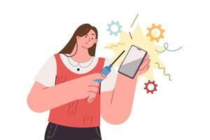 Woman mobile developer is designing new smartphone model, holding screwdriver in hands vector