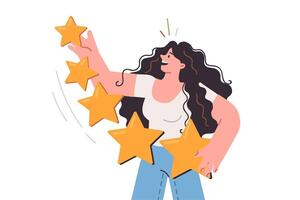 Woman with stars in hands evaluates services received, using rating system to collect feedback vector