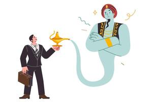 Lamp with aladdin in hands of business man who has found magical way to achieve commercial goals vector