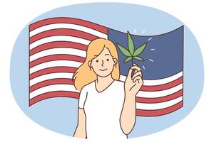 Smiling woman with cannabis on American flag background vector