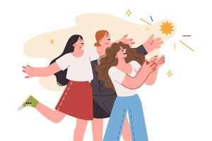 Group women reach out to star in sky together, wanting chance at success and good luck vector