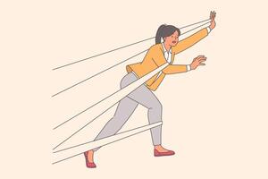 Business woman is trying to get rid of shackles fetter body and prevent from moving forward vector