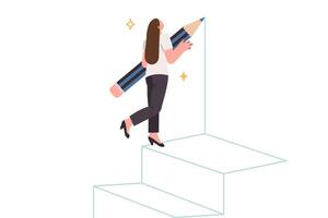 Woman draws career ladder to move up ranks and achieve success in professional field vector