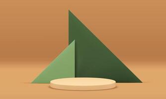 3d beige cylinder podium with green triangle wall background realistic illustration vector