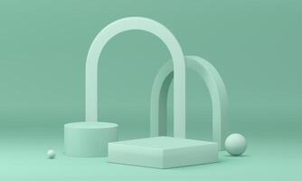Green pastel 3d podium with geometric arch wall background for show realistic illustration vector