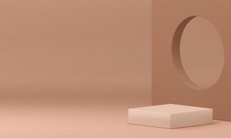 3d beige podium with squared frame circle hole wall background realistic illustration vector
