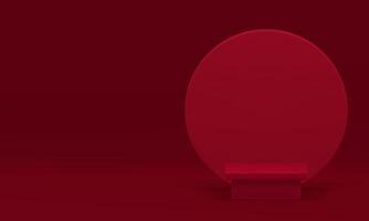 Red 3d squared podium with round wall background for promo realistic illustration vector