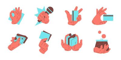 Human cartoon hands different gesture holding stuff big set icon flat illustration vector
