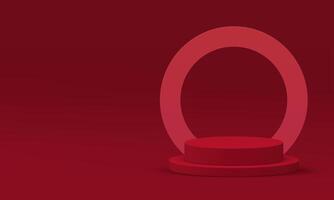 Red 3d cylinder podium pedestal with circle frame wall background realistic illustration vector