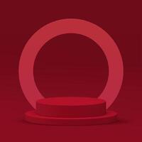 3d red cylinder podium pedestal with circle frame wall background realistic illustration vector