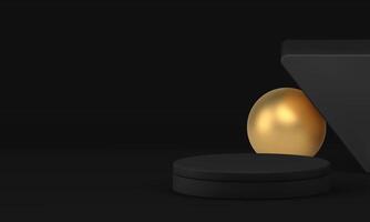 3d black luxury podium with abstract geometric shapes wall background realistic vector