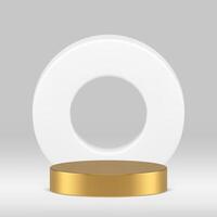 Golden 3d cylinder podium pedestal with white circle frame background realistic vector