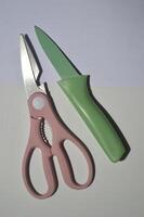 sharp kitchen knives used for cooking, knife set of various shapes and uses put together on a white background photo