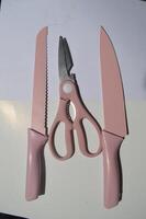 sharp kitchen knives used for cooking, knife set of various shapes and uses put together on a white background photo