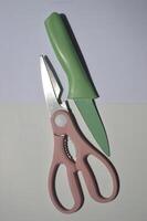 sharp kitchen knives used for cooking, knife set of various shapes and uses put together on a white background photo