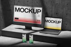 high quality multiple device mockup with wall background psd