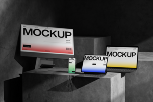 multi device screen mockup with wall background psd