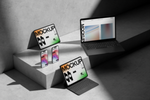 professional multi device mockup template on the plaster with shadow psd