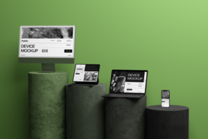 realistic 3d multiple device mockup template on the cylinder psd