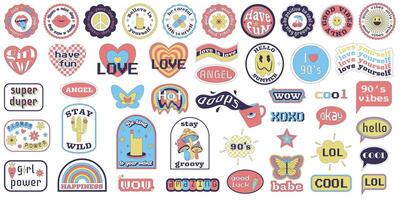 A set of y2k stickers with text motivational, positive phrases. Big collection of stickers from 2000s in geometric shapes with weird surreal elements. Retro pale colors. illustration on white vector