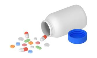 A Collection of Spilled Pills. A bottle of pills spilling out of it. 3D illustration isolated on white background vector