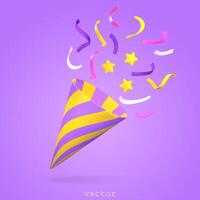 3d party poppers with flying confetti and stars. Firecracker, symbol of surprise. For birthday party, anniversary. Plasticine Cartoon Style. 3D render illustration vector
