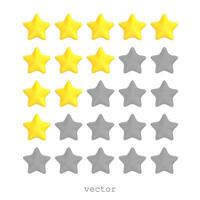 Five 3D stars, yellow and grey colors. Customer rating feedback concept. Realistic 3d cartoon ctyle. For web design, ranking of website or mobile applications. illustration isolated on white vector